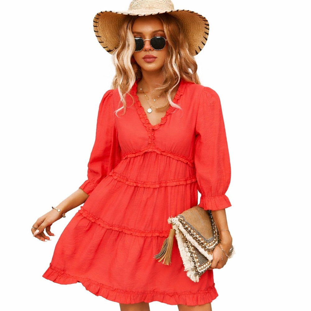 Ruffled Dress Tiered Orange V Neck Size M NWT